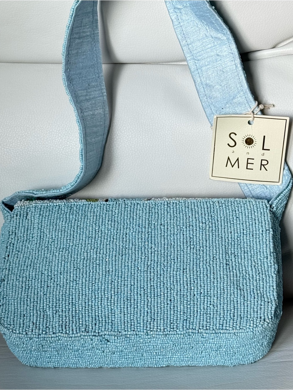 Light Blue Beaded Shoulder Bag with Paris Motif - Picture 3 of 9